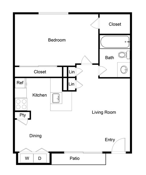 Floor plan for 1 bed, 1 bath, 670 sqft